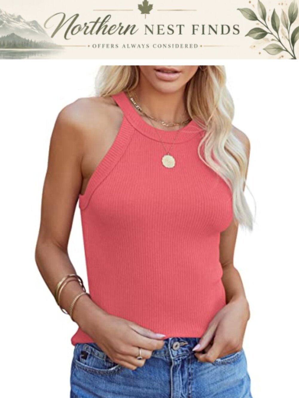 Women Halter Tank Top Sleeveless Ribbed Knit Cami Casual Summer Top